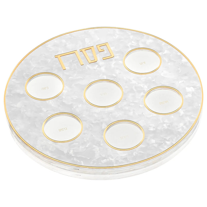 Pearlstone Seder plate with pearl marble finish, featuring six circular wells and gold-tone rim detail for Passover Pesach.