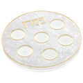 Pearlstone Seder plate with pearl marble finish, featuring six circular wells and gold-tone rim detail for Passover Pesach.