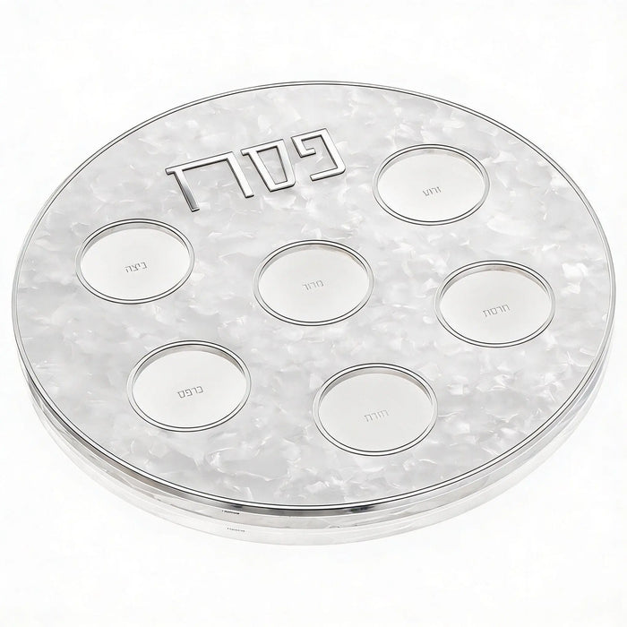 Pearlstone Seder plate with six circular indentations arranged around a center well, featuring a translucent pearl marble appearance ideal for Pesach.