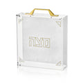 Pearlstone square matzah box with gold handle and metal accents for Pesach tabletop storage.