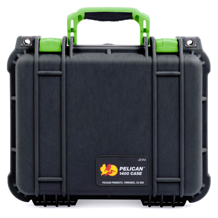 Pelican 1400 Protector Case - Black Case with Lime Green Handle and Latches - Upright View