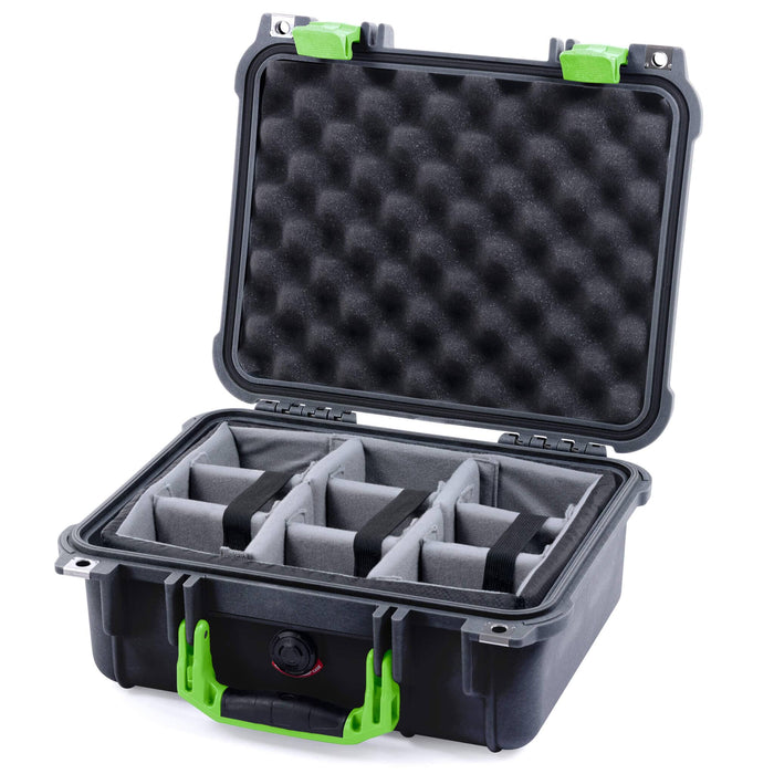 Pelican 1400 Protector Case - Black Case with Lime Green Handle and Latches - Padded Microfiber Dividers / Convolute Lid Foam