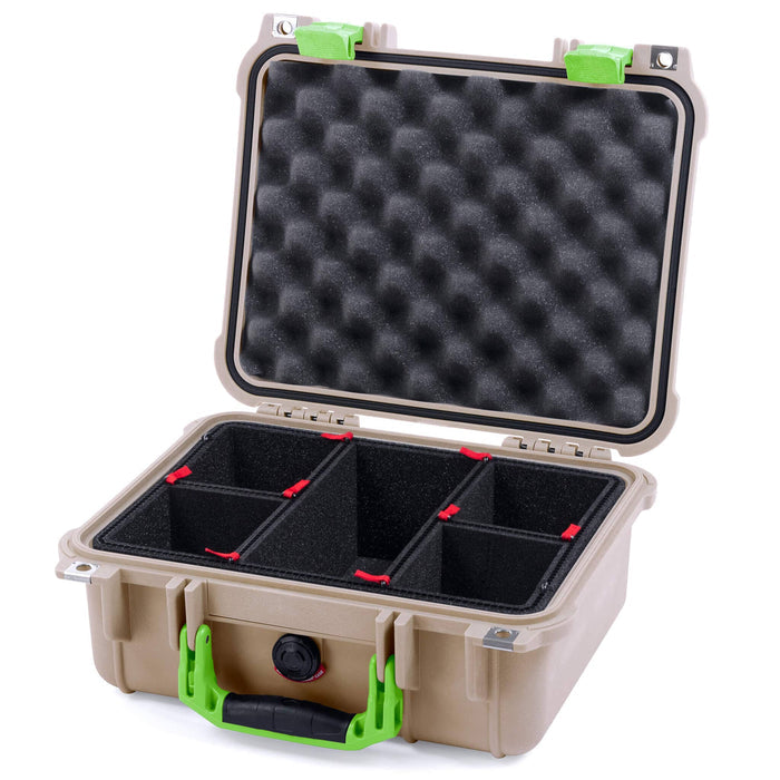 Pelican 1400 Case - Desert Tan & Lime Green - TrekPak Divider System / Convolute Lid Foam