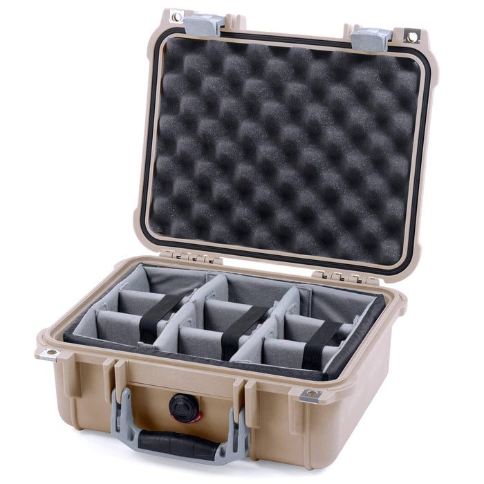 Pelican 1400 Case - Desert Tan & Silver - Padded Microfiber Dividers / Convolute Lid Foam