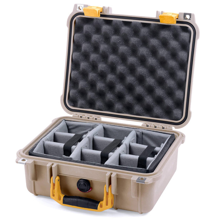 Pelican 1400 Case - Desert Tan & Yellow - Padded Microfiber Dividers / Convolute Lid Foam