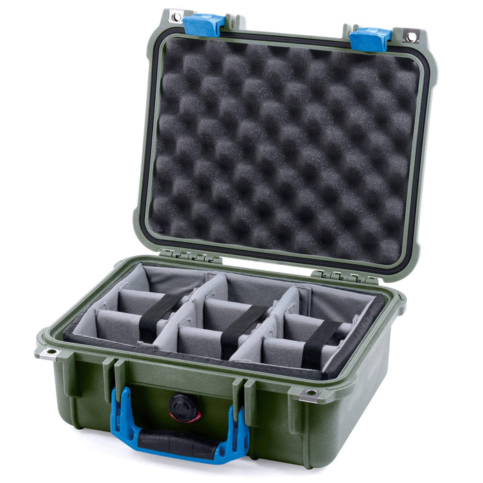Pelican 1400 Case - OD Green & Blue - Padded Microfiber Dividers / Convolute Lid Foam