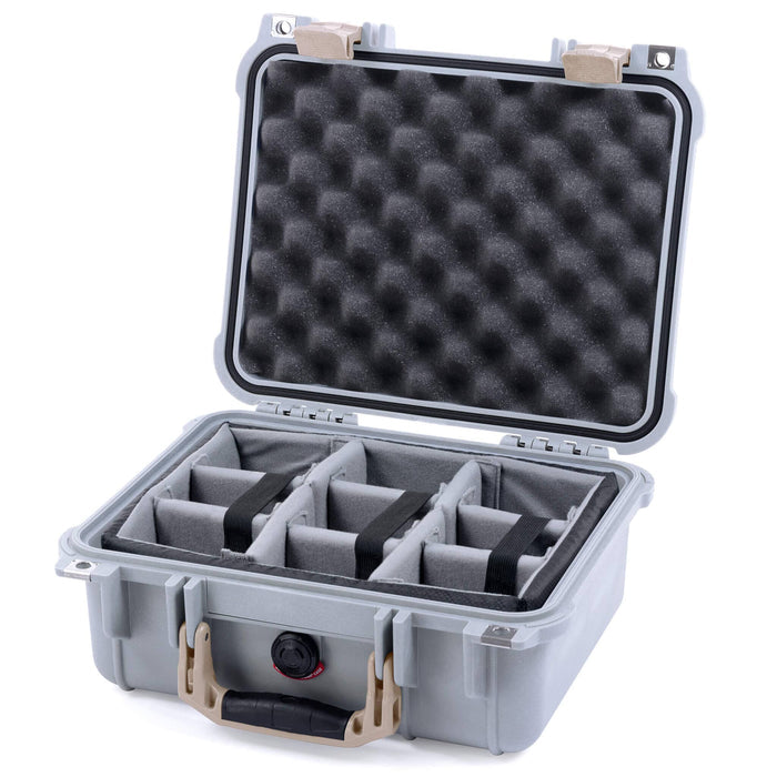Pelican 1400 Case - Silver & Desert Tan - Padded Microfiber Dividers / Convolute Lid Foam