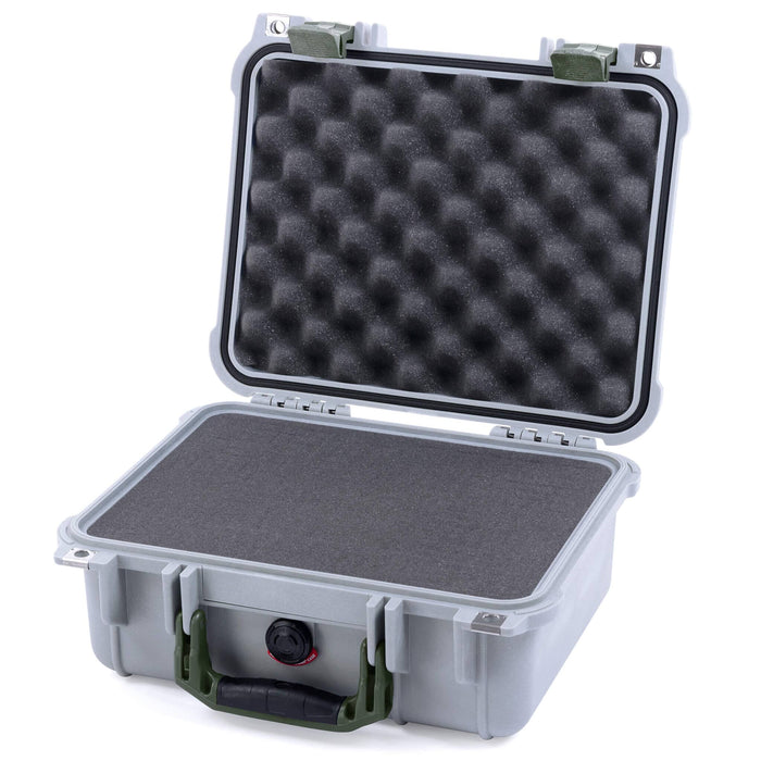 Pelican 1400 Case - Silver & OD Green - Pick & Pluck Foam / Convolute Lid Foam