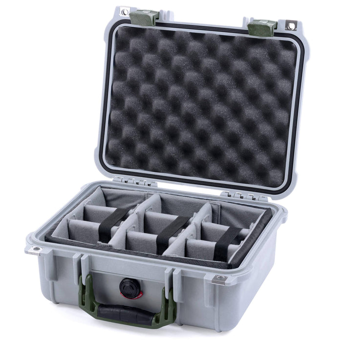Pelican 1400 Case - Silver & OD Green - TrekPak Divider System / Convolute Lid Foam