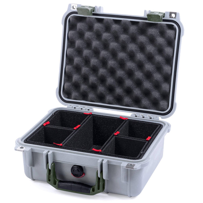 Pelican 1400 Case - Silver & OD Green - Padded Microfiber Dividers / Convolute Lid Foam