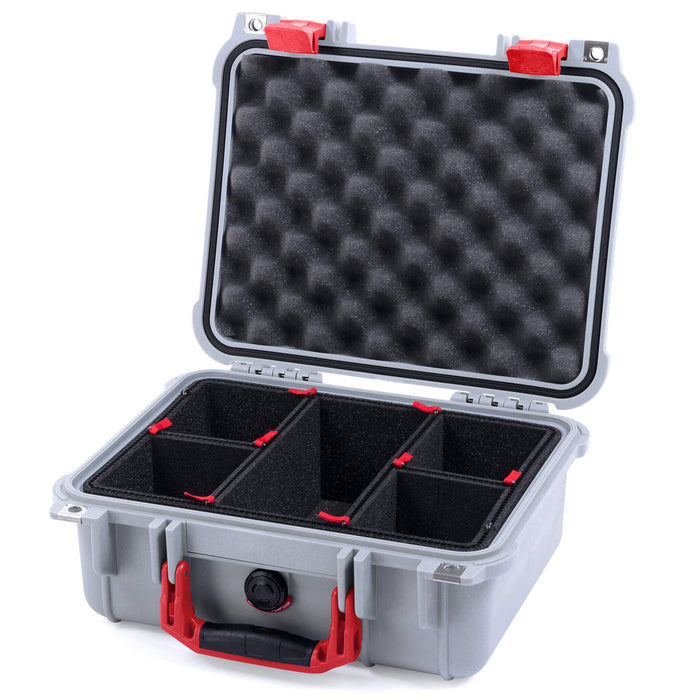 Pelican 1400 Case - Silver & Red - TrekPak Divider System / Convolute Lid Foam