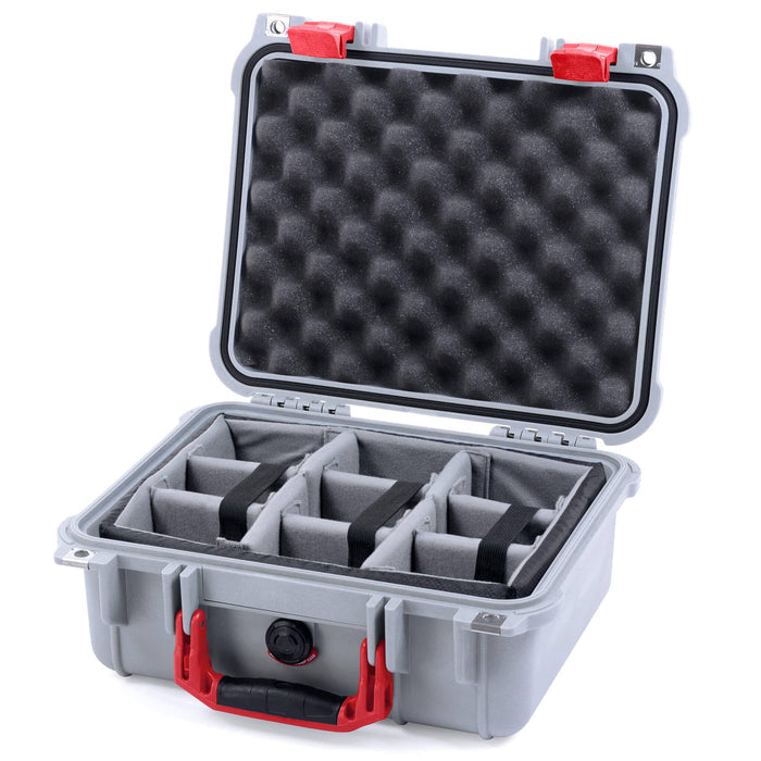 Pelican 1400 Case - Silver & Red - Padded Microfiber Dividers / Convolute Lid Foam