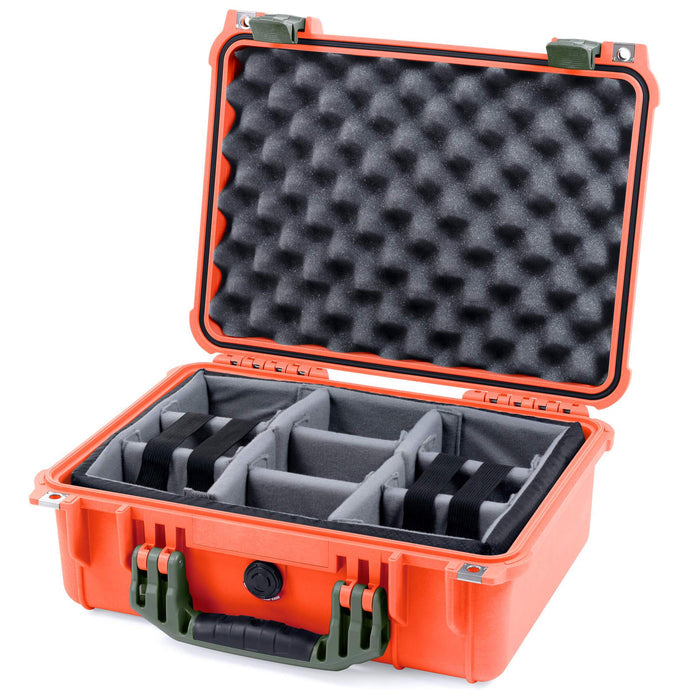 Pelican 1450 Case, Orange with OD Green Handle & Latches Gray Padded Microfiber Dividers with Convolute Lid Foam ColorCase 014500-0070-150-130