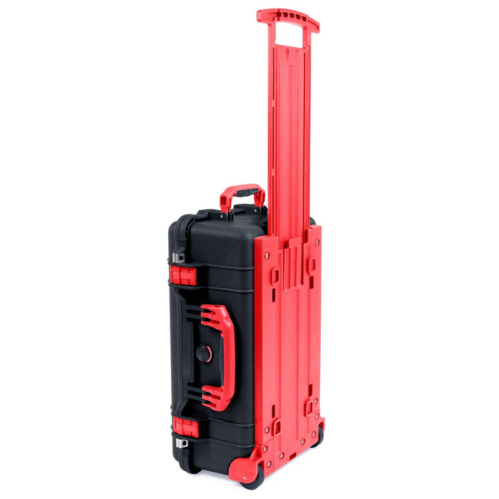 Black Pelican 1510 Case w/ Red Handles, Latches and Trolley - Upright Trolley View