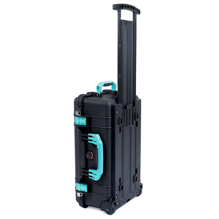 Black Pelican 1510 Case w/ Teal Handles & Latches Upright Trolley View