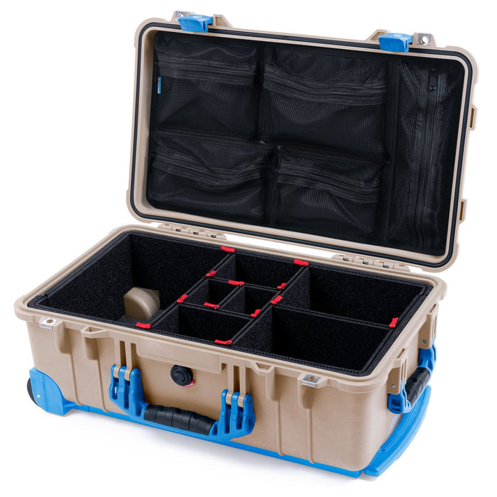 Pelican 1510 Case - Desert Tan & Blue Trolley - TrekPak Divider System / Mesh Lid Organizer