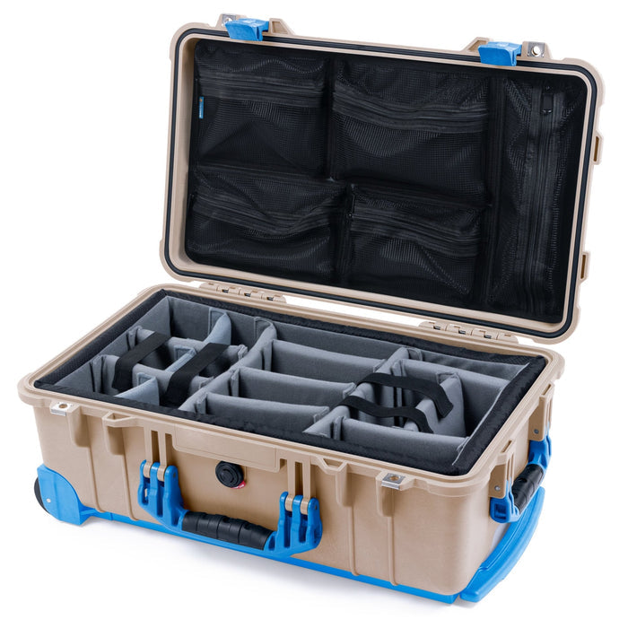 Pelican 1510 Case - Desert Tan & Blue Trolley - Padded Microfiber Dividers / Mesh Lid Organizer