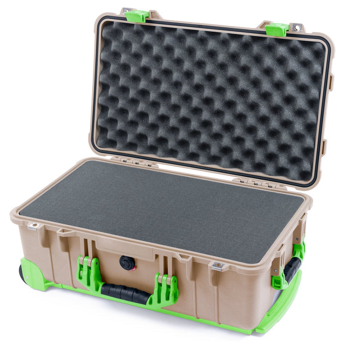 Pelican 1510 Case - Desert Tan & Lime Green Trolley - Pick & Pluck Foam / Convolute Lid Foam