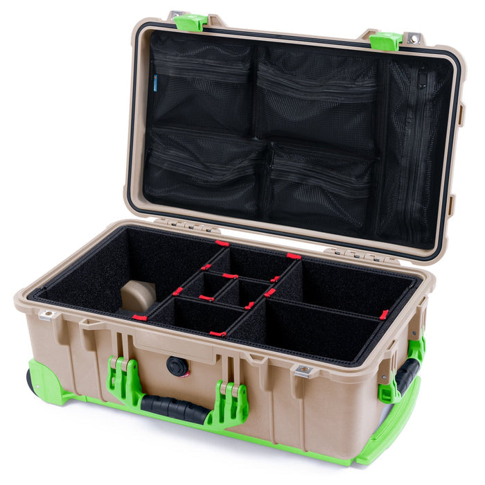 Pelican 1510 Case - Desert Tan & Lime Green Trolley - TrekPak Divider System / Mesh Lid Organizer