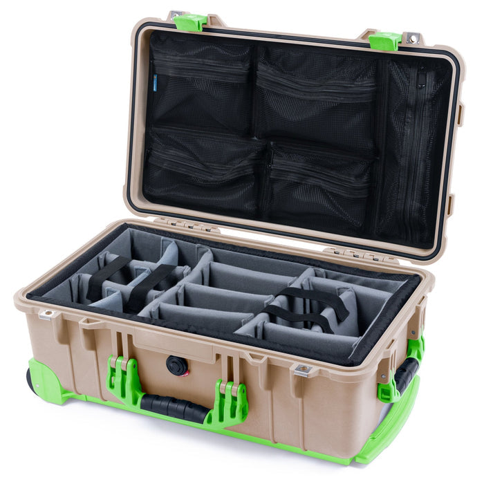 Pelican 1510 Case - Desert Tan & Lime Green Trolley - Padded Microfiber Dividers / Mesh Lid Organizer