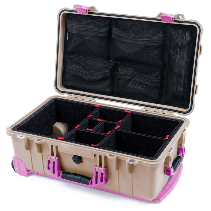 Pelican 1510 Case - Desert Tan & Magenta Trolley - TrekPak Divider System / Mesh Lid Organizer