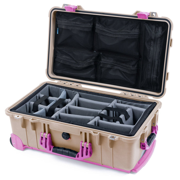 Pelican 1510 Case - Desert Tan & Magenta Trolley - Padded Microfiber Dividers / Mesh Lid Organizer