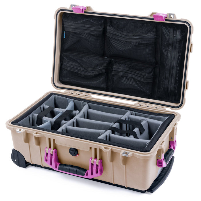 Pelican 1510 Case - Desert Tan & Magenta - Padded Microfiber Dividers / Mesh Lid Organizer