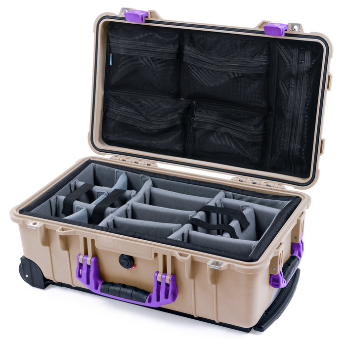 Pelican 1510 Case - Desert Tan & Purple - Padded Microfiber Dividers / Mesh Lid Organizer