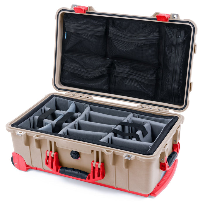 Pelican 1510 Case - Desert Tan & Red Trolley - Padded Microfiber Dividers / Mesh Lid Organizer
