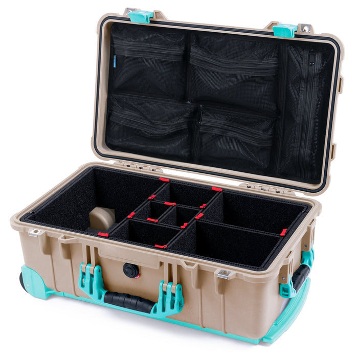 Pelican 1510 Case - Desert Tan & Teal Trolley - TrekPak Divider System / Mesh Lid Organizer