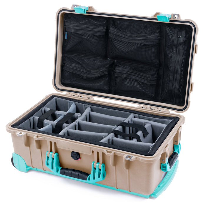 Pelican 1510 Case - Desert Tan & Teal Trolley - Padded Microfiber Dividers / Mesh Lid Organizer