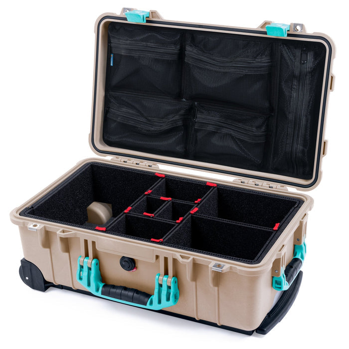 Pelican 1510 Case - Desert Tan & Teal - TrekPak Divider System / Mesh Lid Organizer