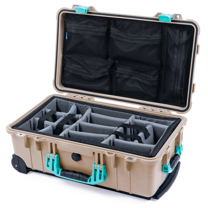 Pelican 1510 Case - Desert Tan & Teal - Padded Microfiber Dividers / Mesh Lid Organizer