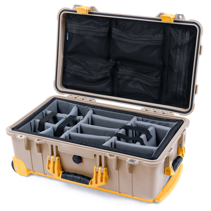 Pelican 1510 Case - Desert Tan & Yellow Trolley - Padded Microfiber Dividers / Mesh Lid Organizer