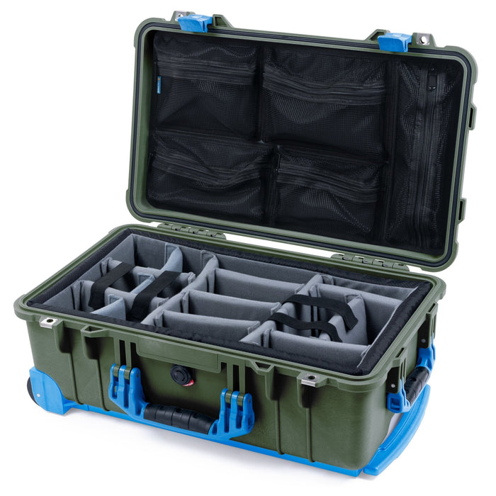Pelican 1510 Case - OD Green & Blue Trolley - Padded Microfiber Dividers / Mesh Lid Organizer