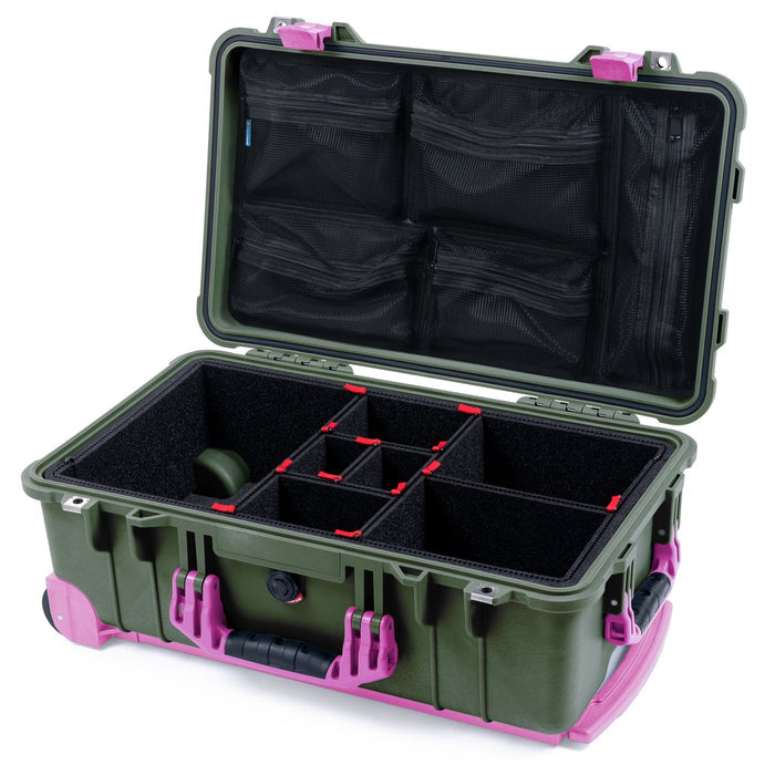 Pelican 1510 Case - OD Green & Magenta Trolley - TrekPak Divider System / Mesh Lid Organizer