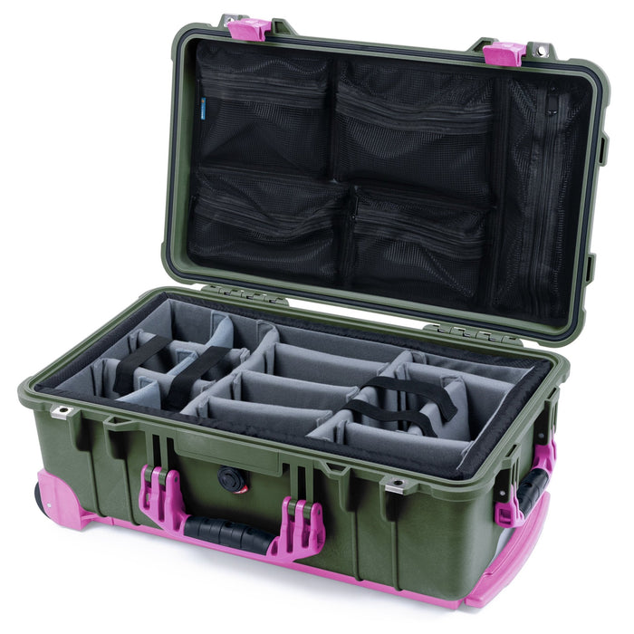 Pelican 1510 Case - OD Green & Magenta Trolley - Padded Microfiber Dividers / Mesh Lid Organizer