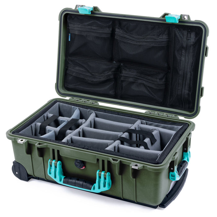 Pelican 1510 Case - OD Green & Teal - Padded Microfiber Dividers / Mesh Lid Organizer