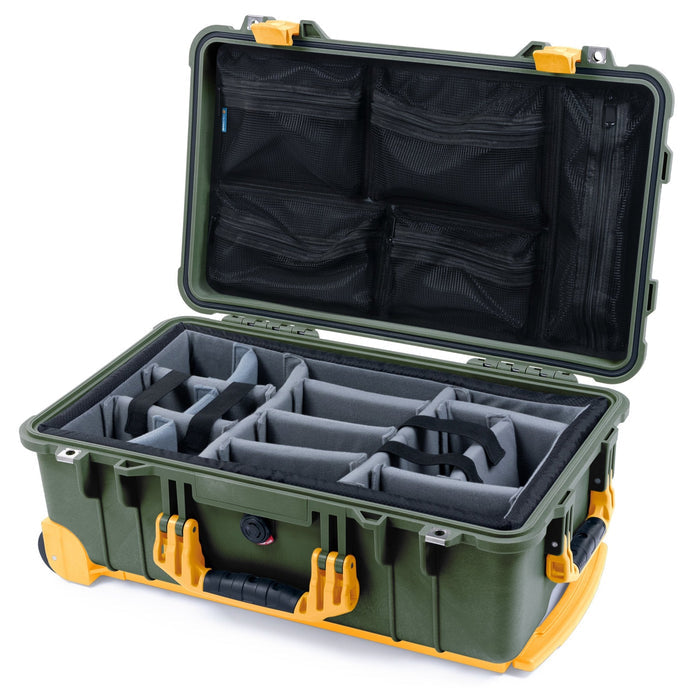 Pelican 1510 Case - OD Green & Yellow Trolley - Padded Microfiber Dividers / Mesh Lid Organizer