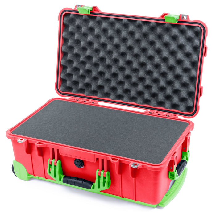 Pelican 1510 Case - Red & Lime Green Trolley - Pick & Pluck Foam / Convolute Lid Foam