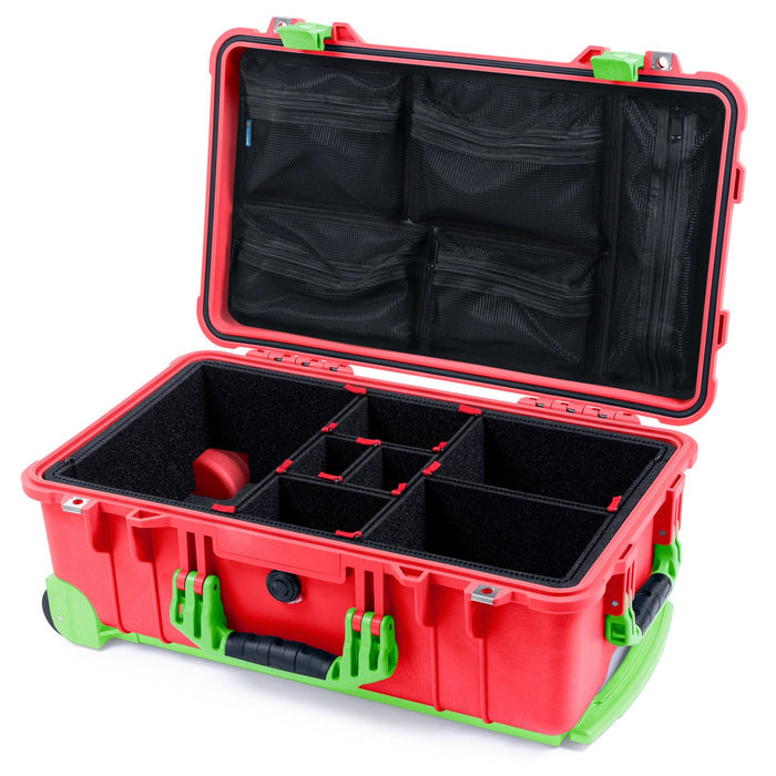 Pelican 1510 Case - Red & Lime Green Trolley - TrekPak Divider System / Mesh Lid Organizer