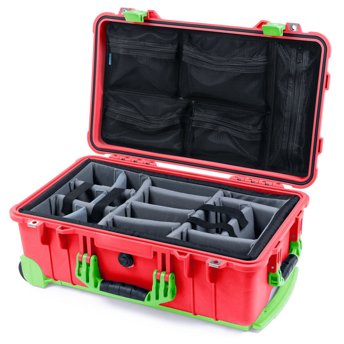 Pelican 1510 Case - Red & Lime Green Trolley - Padded Microfiber Dividers / Mesh Lid Organizer