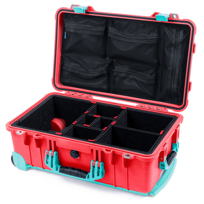 Pelican 1510 Case - Red & Teal Trolley - TrekPak Divider System / Mesh Lid Organizer