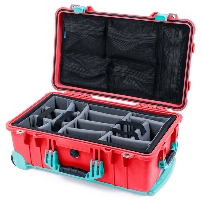 Pelican 1510 Case - Red & Teal Trolley - Padded Microfiber Dividers / Mesh Lid Organizer