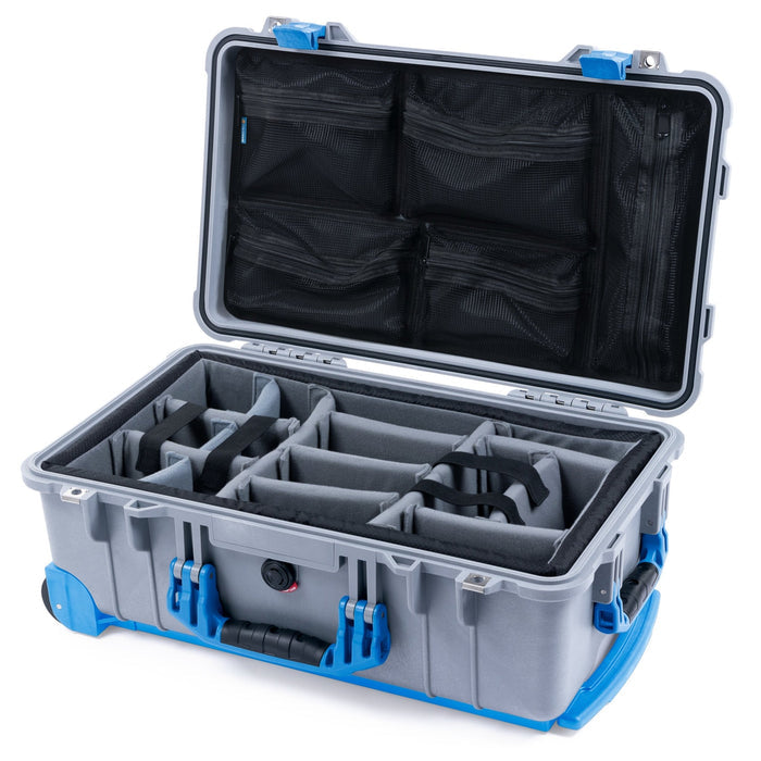 Pelican 1510 Case - Silver & Blue Trolley - Padded Microfiber Dividers / Mesh Lid Organizer