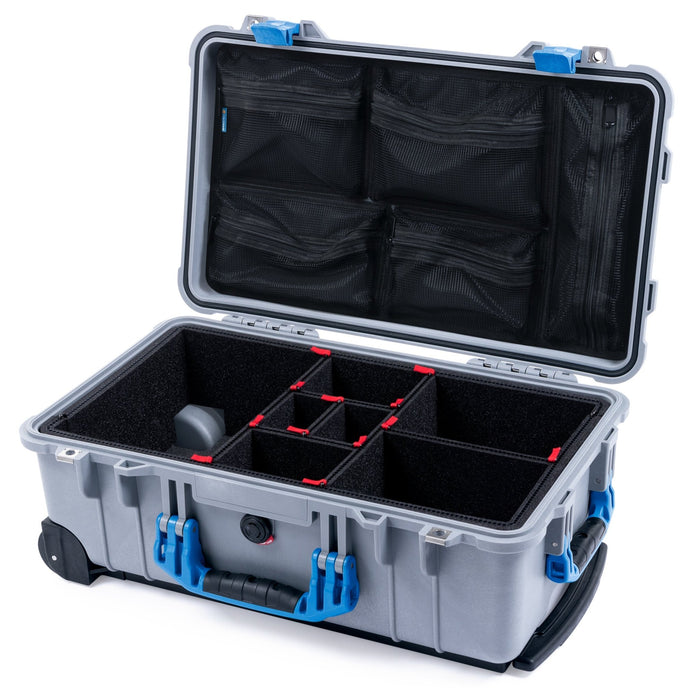 Pelican 1510 Case - Silver & Blue - TrekPak Divider System / Mesh Lid Organizer