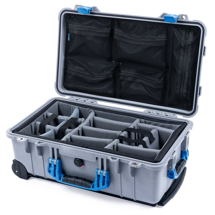 Pelican 1510 Case - Silver & Blue - Padded Microfiber Dividers / Mesh Lid Organizer
