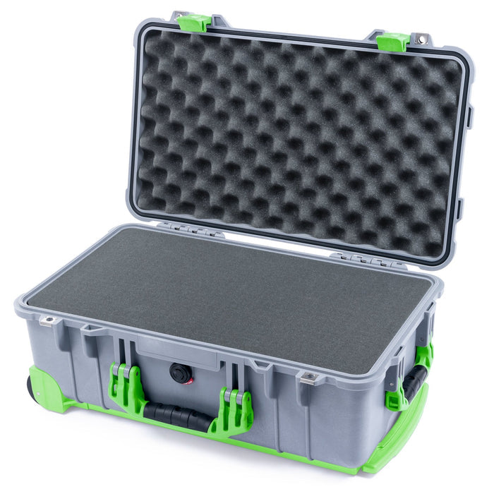 Pelican 1510 Case - Silver & Lime Green Trolley - Pick & Pluck Foam / Convolute Lid Foam
