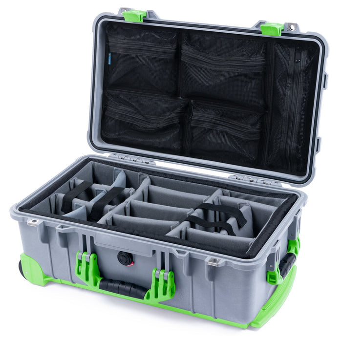 Pelican 1510 Case - Silver & Lime Green Trolley - Padded Microfiber Dividers / Mesh Lid Organizer