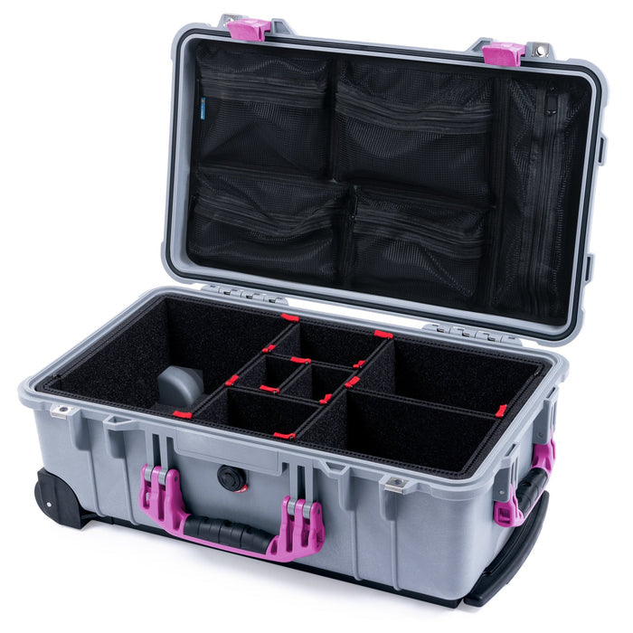Pelican 1510 Case - Silver & Magenta - TrekPak Divider System / Mesh Lid Organizer